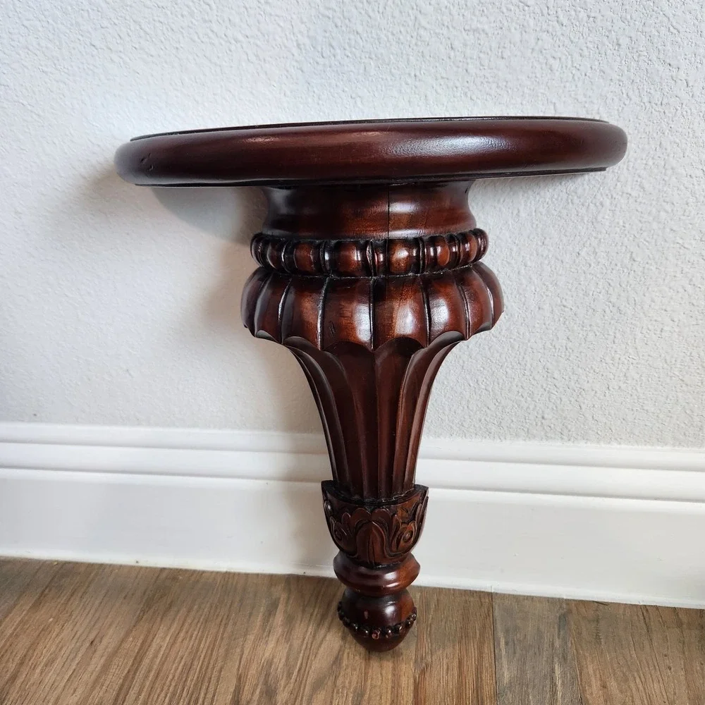 Vintage Florentine Style Dark Mahogany Solid Wood Hanging Wall Shelf Sconce